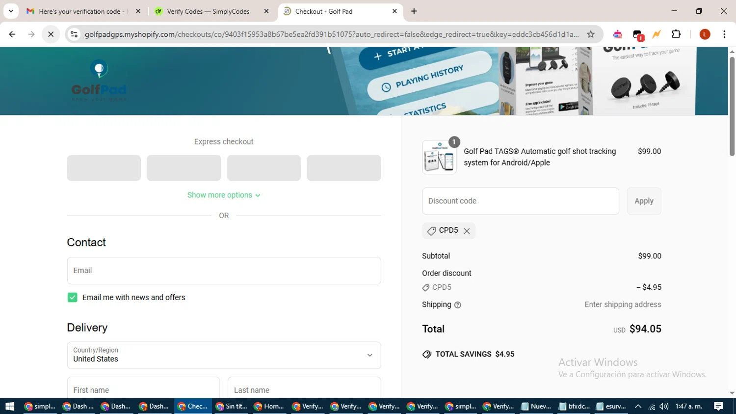 Golf Pad discount code screenshot showing code CPD5 applied at Golf Pad checkout page. Uploaded by SimplyCodes community member BonusHero9692 on May 11, 2025