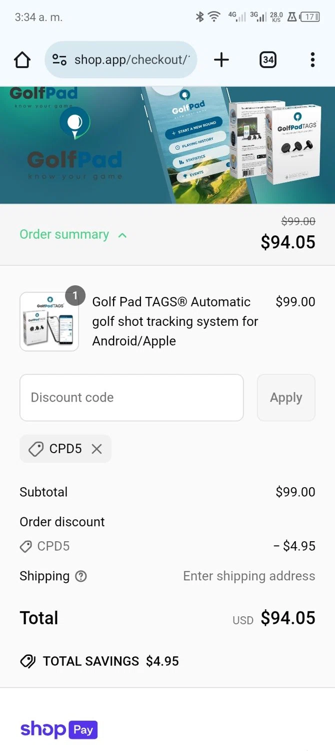 Golf Pad discount code screenshot showing code CPD5 applied at Golf Pad checkout page. Uploaded by SimplyCodes community member Jhaybeatz on May 25, 2025