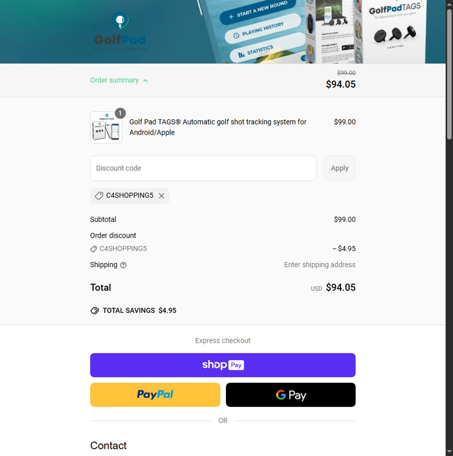 Golf Pad discount code screenshot showing code C4SHOPPING5 applied at Golf Pad checkout page. Uploaded by SimplyCodes community member PennyScholar504 on Jun 22, 2025