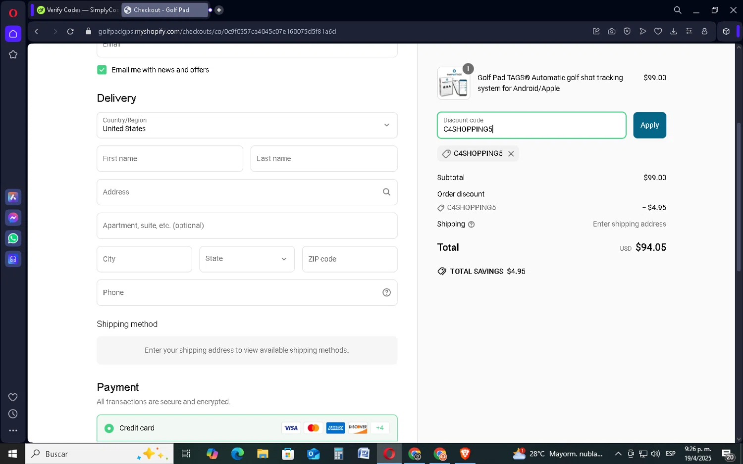 Golf Pad discount code screenshot showing code C4SHOPPING5 applied at Golf Pad checkout page. Uploaded by SimplyCodes community member SavingsSentinel833 on Apr 20, 2025