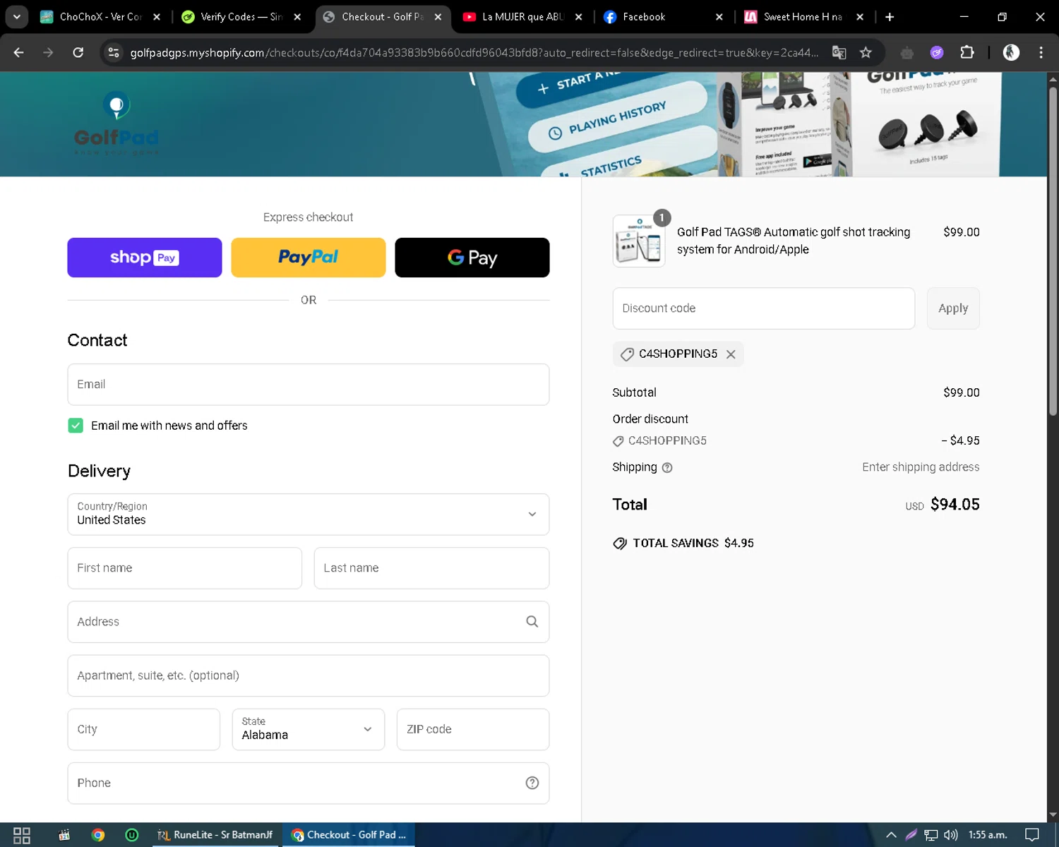 Golf Pad discount code screenshot showing code C4SHOPPING5 applied at Golf Pad checkout page. Uploaded by SimplyCodes community member CleverSentinel9441 on May 11, 2025