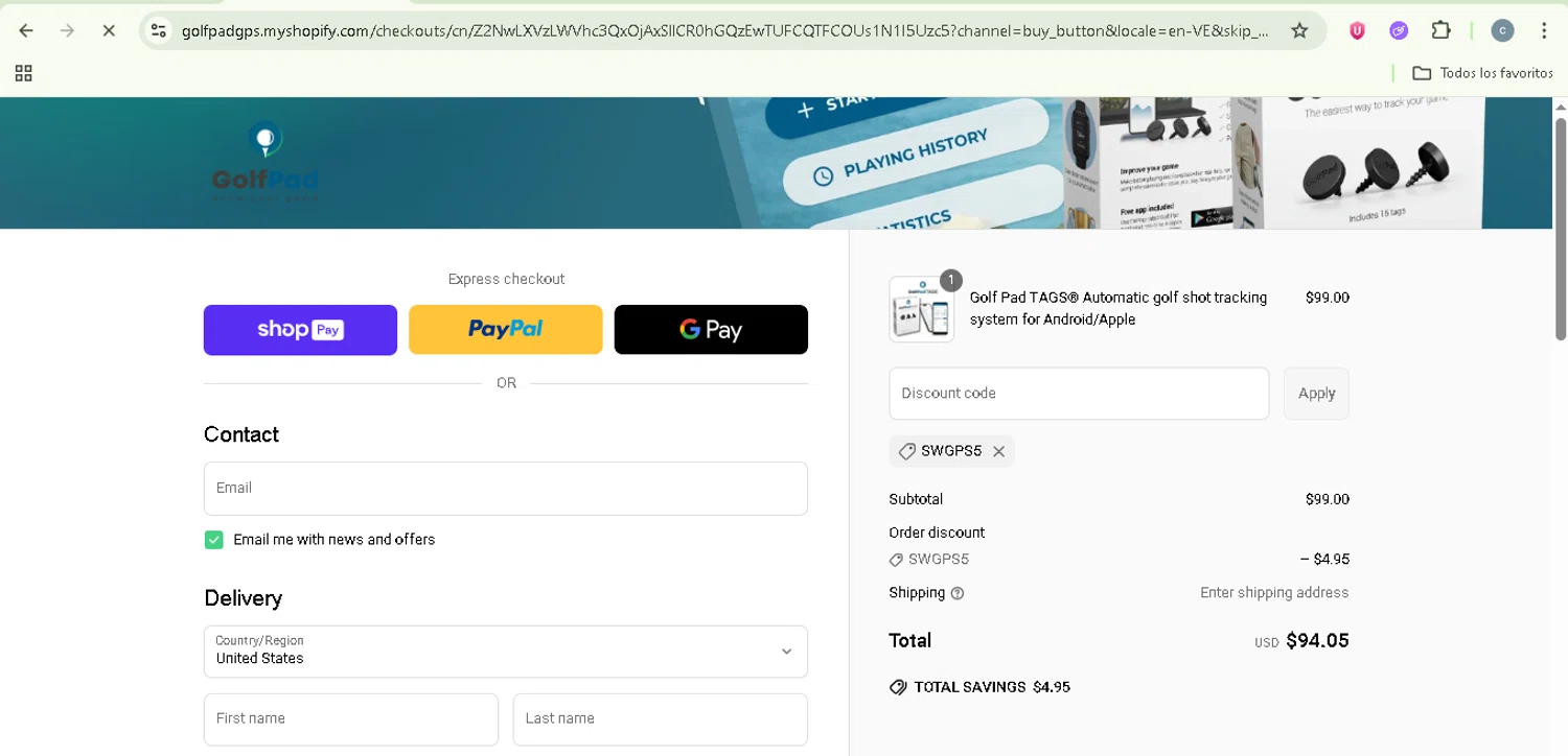 Golf Pad discount code screenshot showing code SWGPS5 applied at Golf Pad checkout page. Uploaded by SimplyCodes community member NobleSentinel8535 on Jun 22, 2025