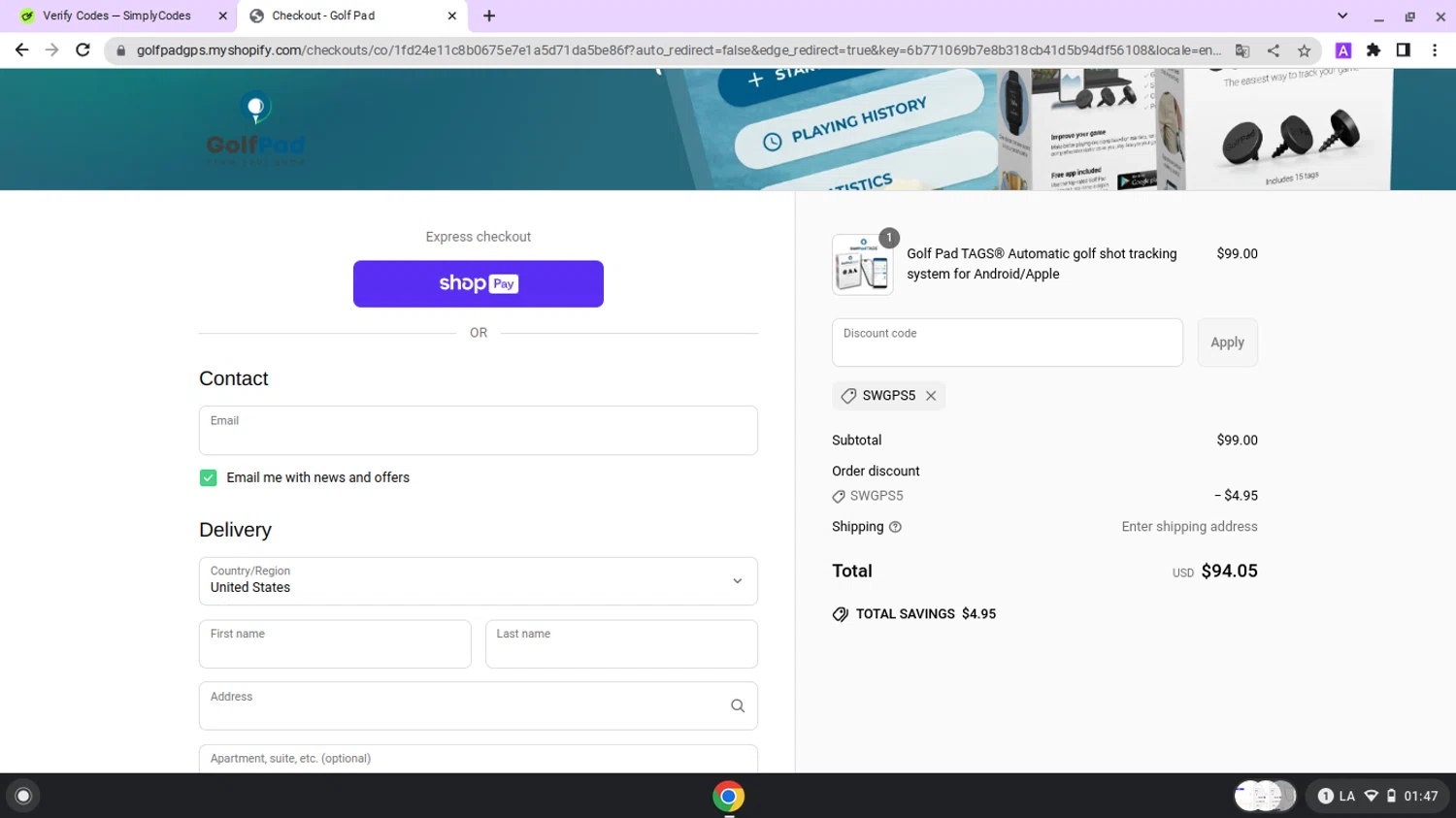 Golf Pad discount code screenshot showing code SWGPS5 applied at Golf Pad checkout page. Uploaded by SimplyCodes community member lapampita on May 11, 2025