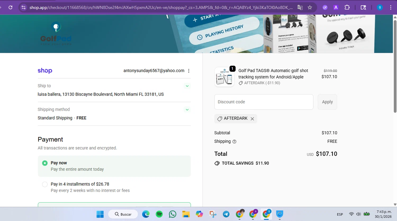 Golf Pad discount code screenshot showing code AFTERDARK applied at Golf Pad checkout page. Uploaded by SimplyCodes community member FrugalVirtuoso6318 on Jan 30, 2026