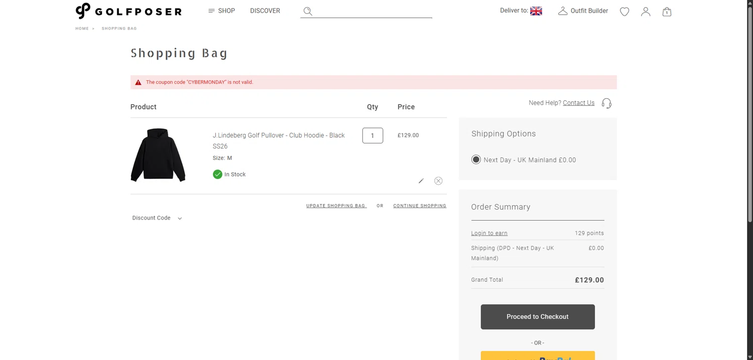 GolfPoser promo code screenshot showing code CYBERMONDAY applied at GolfPoser checkout page. Uploaded by SimplyCodes community member MagnificentEagle1411 on Jan 6, 2026