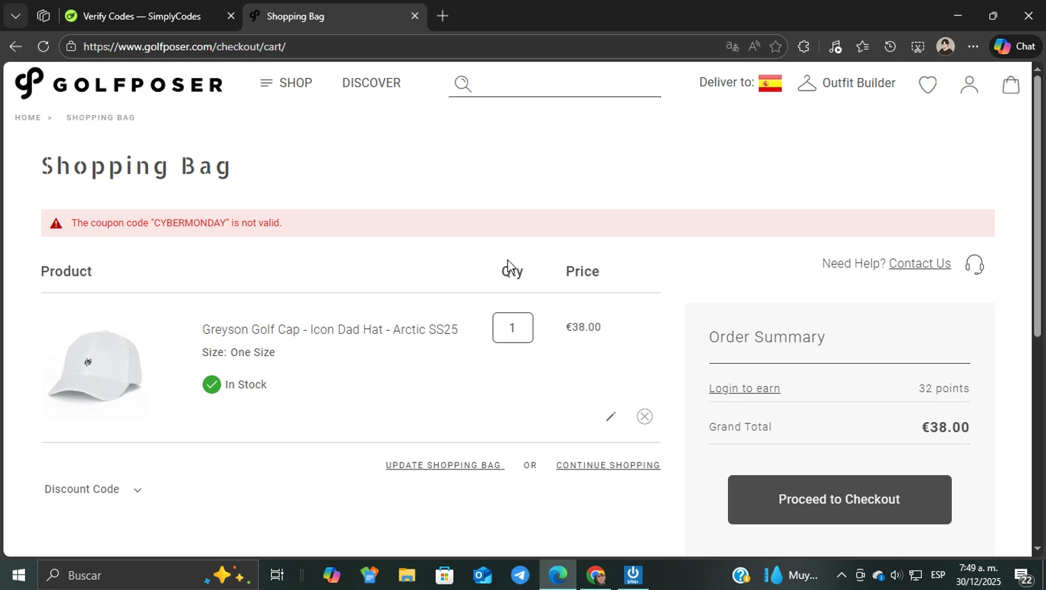 GolfPoser promo code screenshot showing code CYBERMONDAY applied at GolfPoser checkout page. Uploaded by SimplyCodes community member WonderKnight7884 on Dec 30, 2025