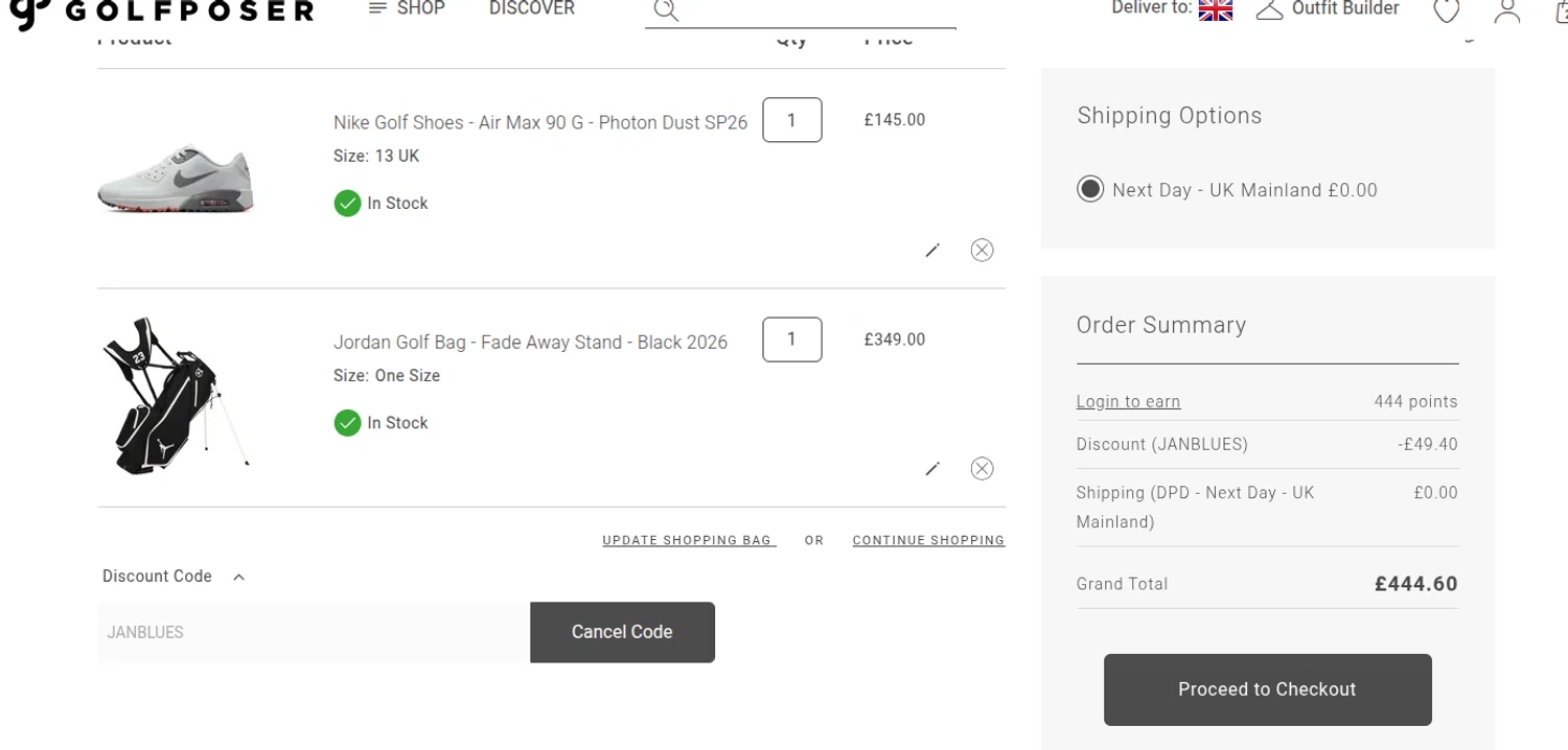 GolfPoser promo code screenshot showing code JANBLUES applied at GolfPoser checkout page. Uploaded by SimplyCodes community member reimalave10 on Jan 25, 2026
