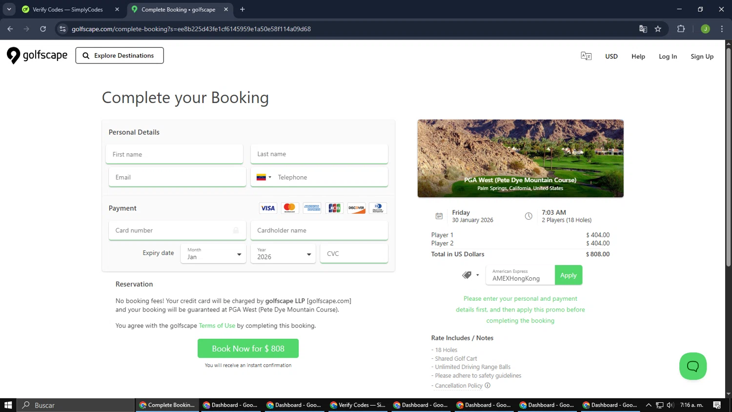 Golfscape checkout page showing Golfscape promo code box | Screenshot taken by SimplyCodes community member on Jan 27, 2026