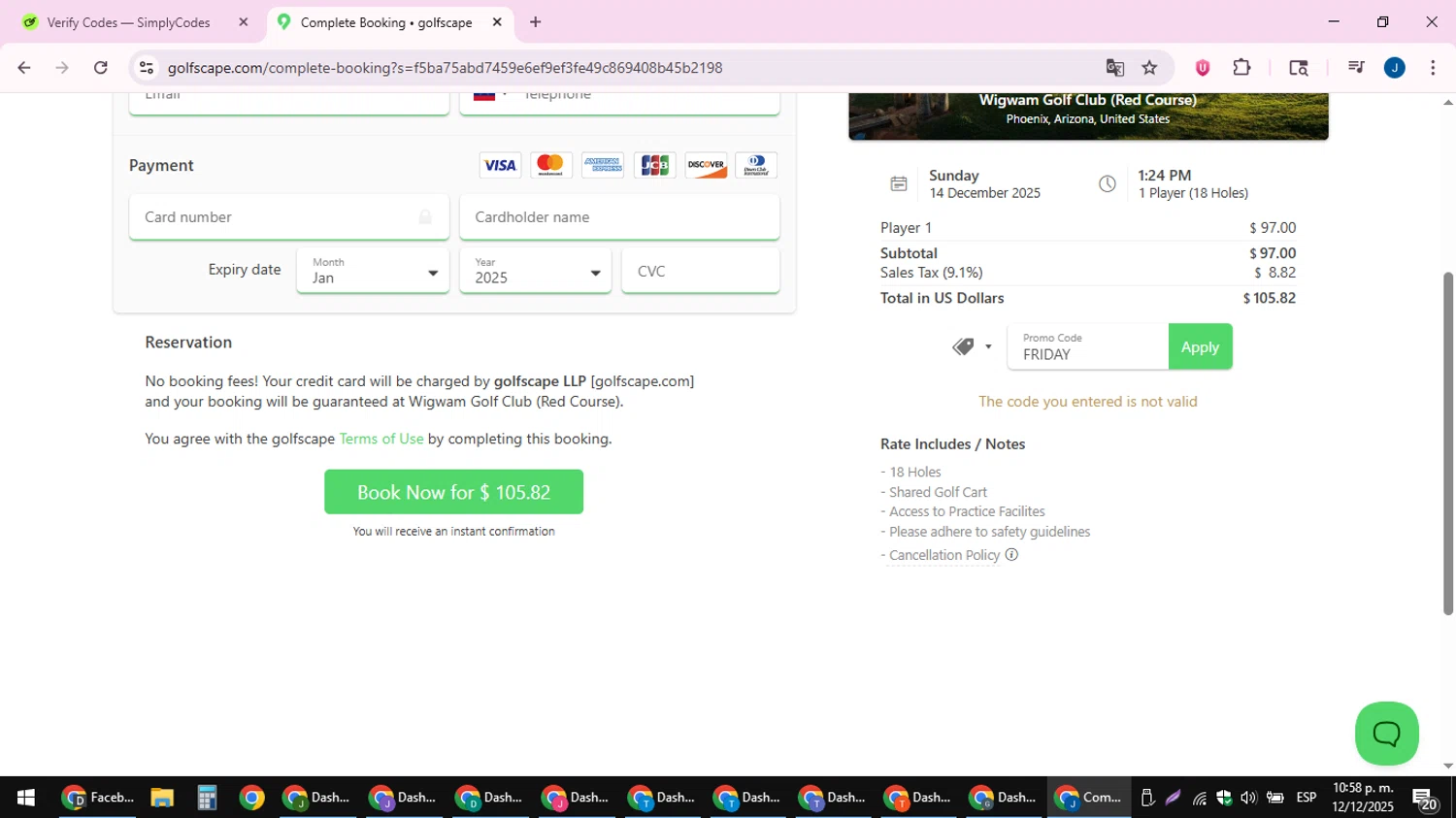 Golfscape promo code screenshot showing code FRIDAY applied at Golfscape checkout page. Uploaded by SimplyCodes community member noesmith34ur on Dec 13, 2025