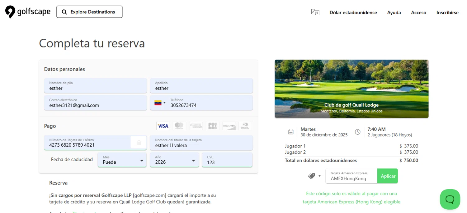 Golfscape promo code screenshot showing code AMEXHongKong applied at Golfscape checkout page. Uploaded by SimplyCodes community member ESTHER3121 on Dec 29, 2025