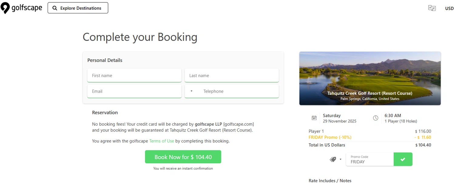 Golfscape promo code screenshot showing code FRIDAY applied at Golfscape checkout page. Uploaded by SimplyCodes community member jesspea on Nov 27, 2025