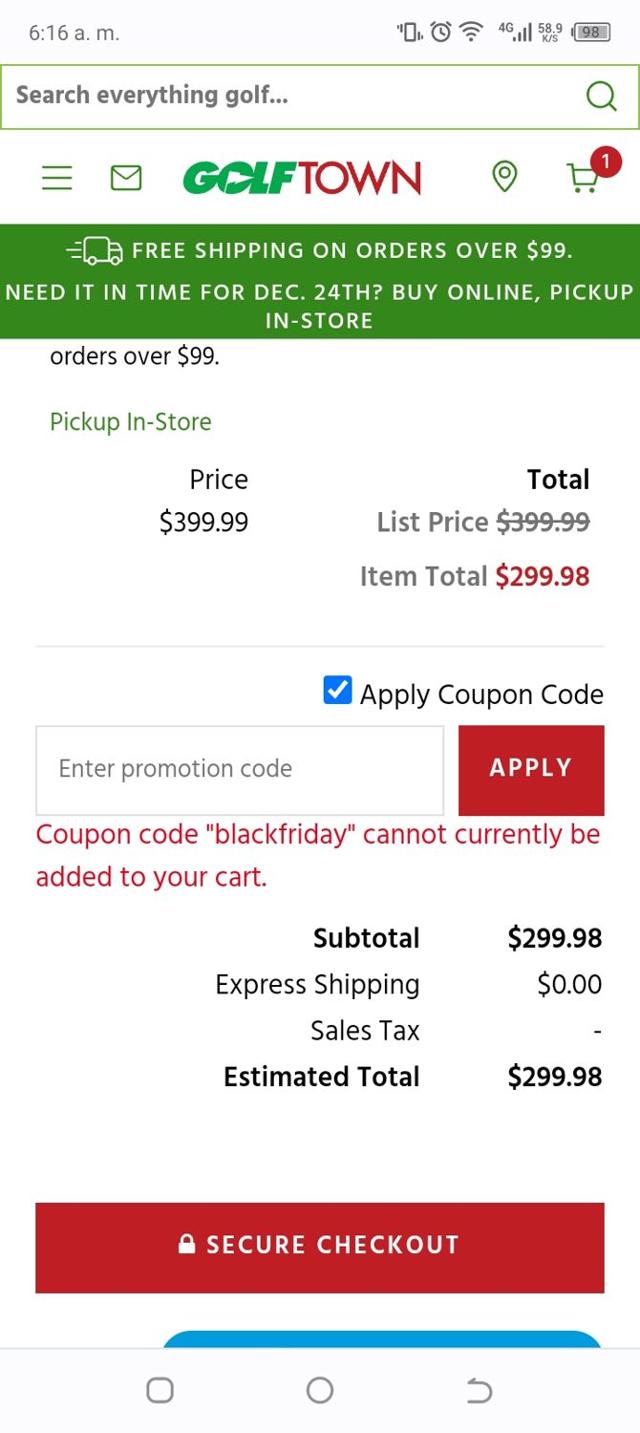 GolfTown.com checkout page showing GolfTown.com discount code box | Screenshot taken by SimplyCodes community member on Dec 22, 2024