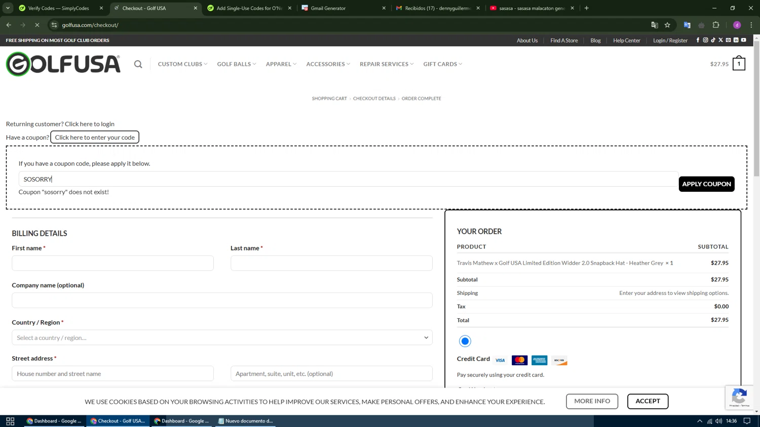 Golf USA coupon code screenshot showing code SOSORRY applied at Golf USA checkout page. Uploaded by SimplyCodes community member SwiftFox1285 on Dec 31, 2024