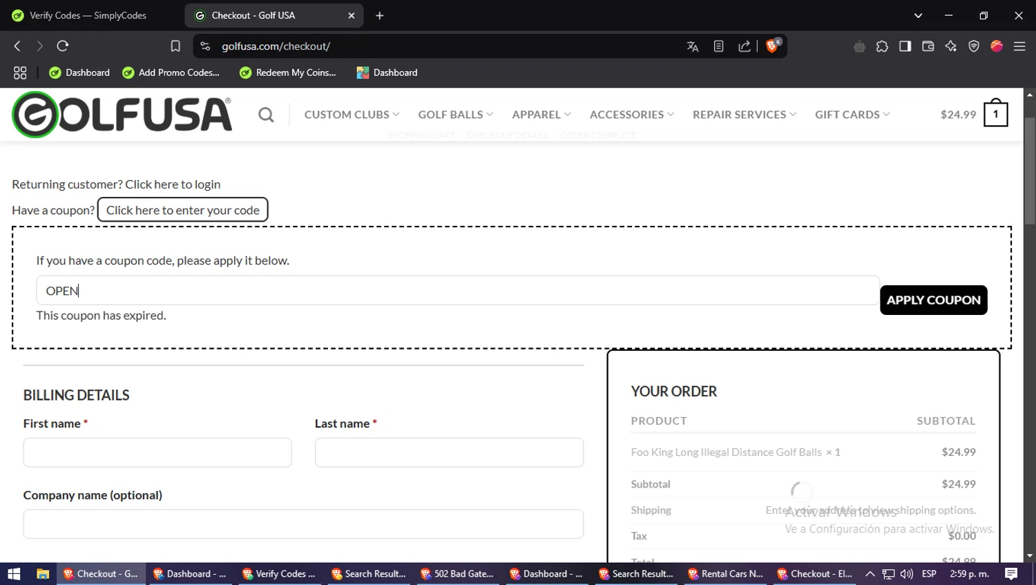 Golf USA coupon code screenshot showing code OPEN applied at Golf USA checkout page. Uploaded by SimplyCodes community member BlueBerry on Feb 23, 2025