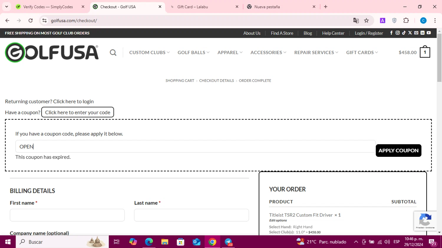 Golf USA coupon code screenshot showing code OPEN applied at Golf USA checkout page. Uploaded by SimplyCodes community member Chochomilk on Dec 30, 2024