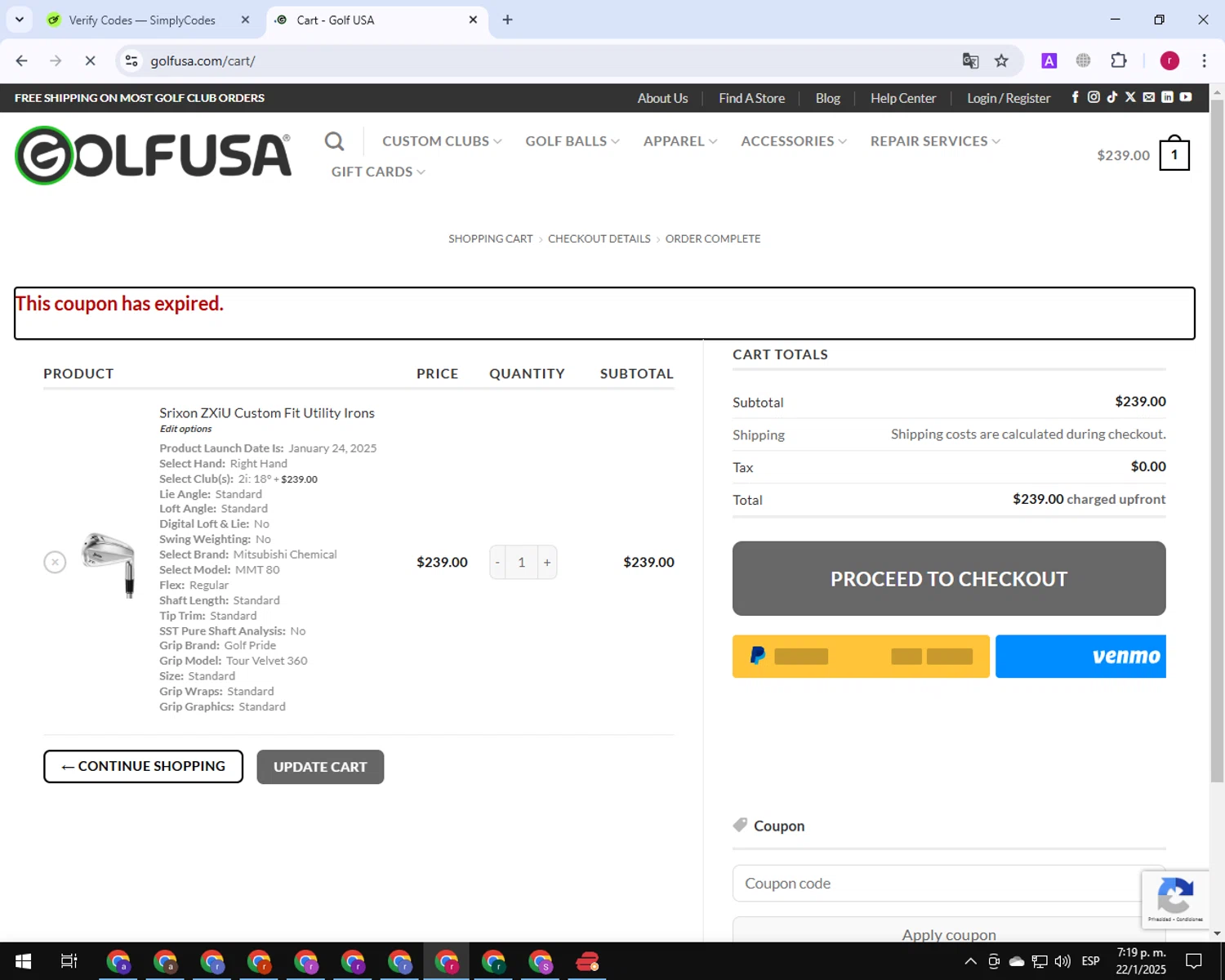 Golf USA coupon code screenshot showing code OPEN applied at Golf USA checkout page. Uploaded by SimplyCodes community member TreasureExpert7530 on Jan 22, 2025