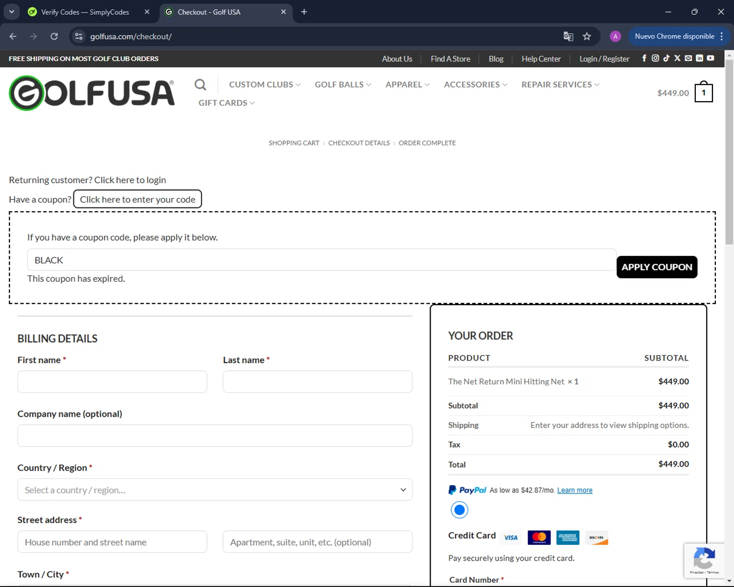 Golf USA coupon code screenshot showing code BLACK applied at Golf USA checkout page. Uploaded by SimplyCodes community member AndreinaA on Jan 13, 2025