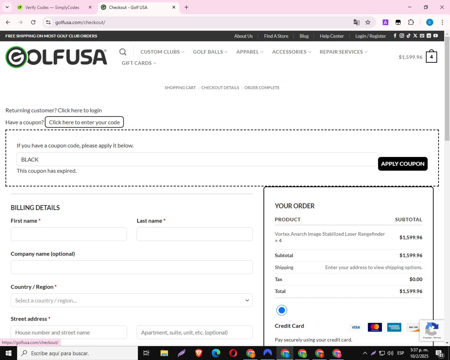 Golf USA coupon code screenshot showing code BLACK applied at Golf USA checkout page. Uploaded by SimplyCodes community member CoinNavigator2844 on Feb 10, 2025
