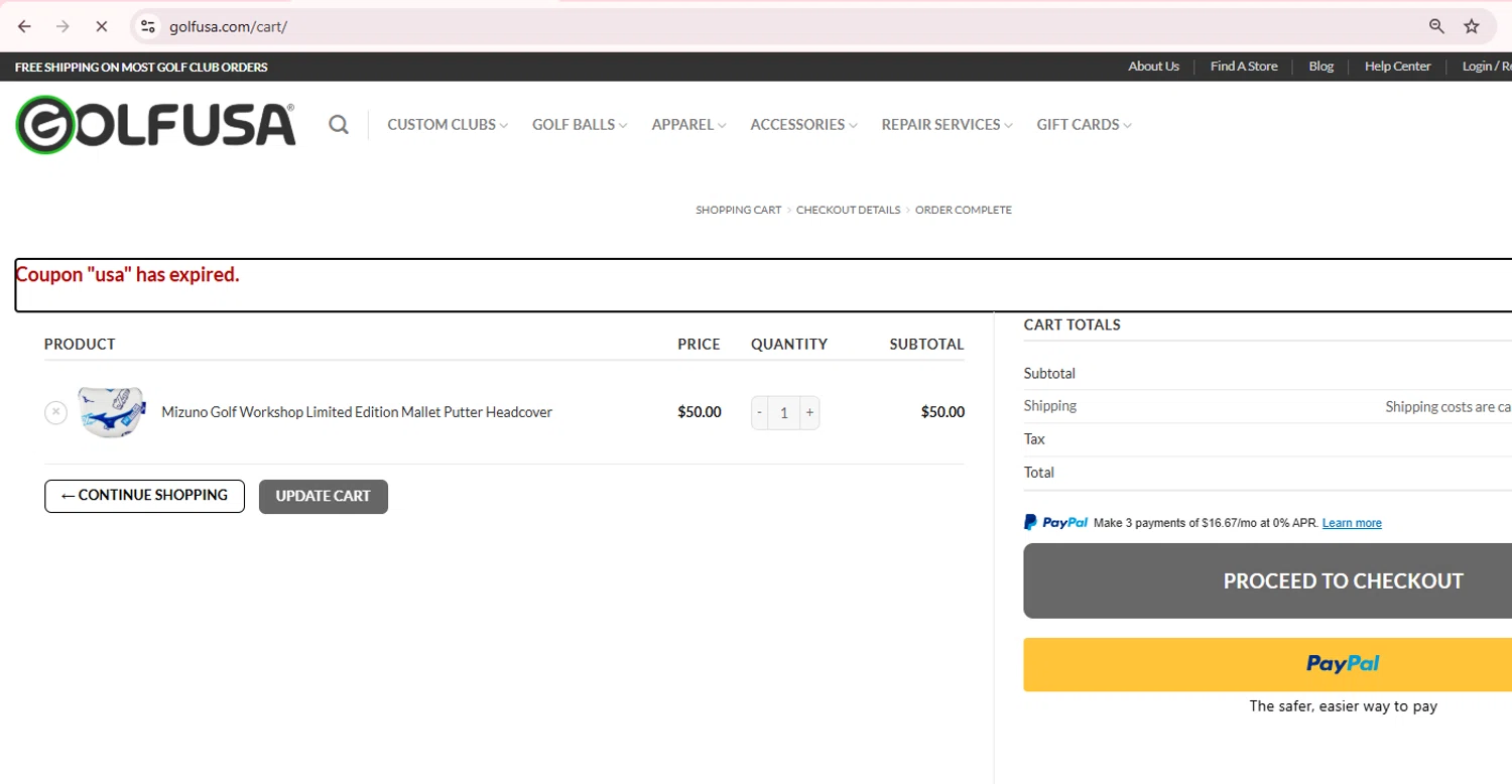 Golf USA coupon code screenshot showing code usa applied at Golf USA checkout page. Uploaded by SimplyCodes community member Teamgorila on Jun 22, 2025