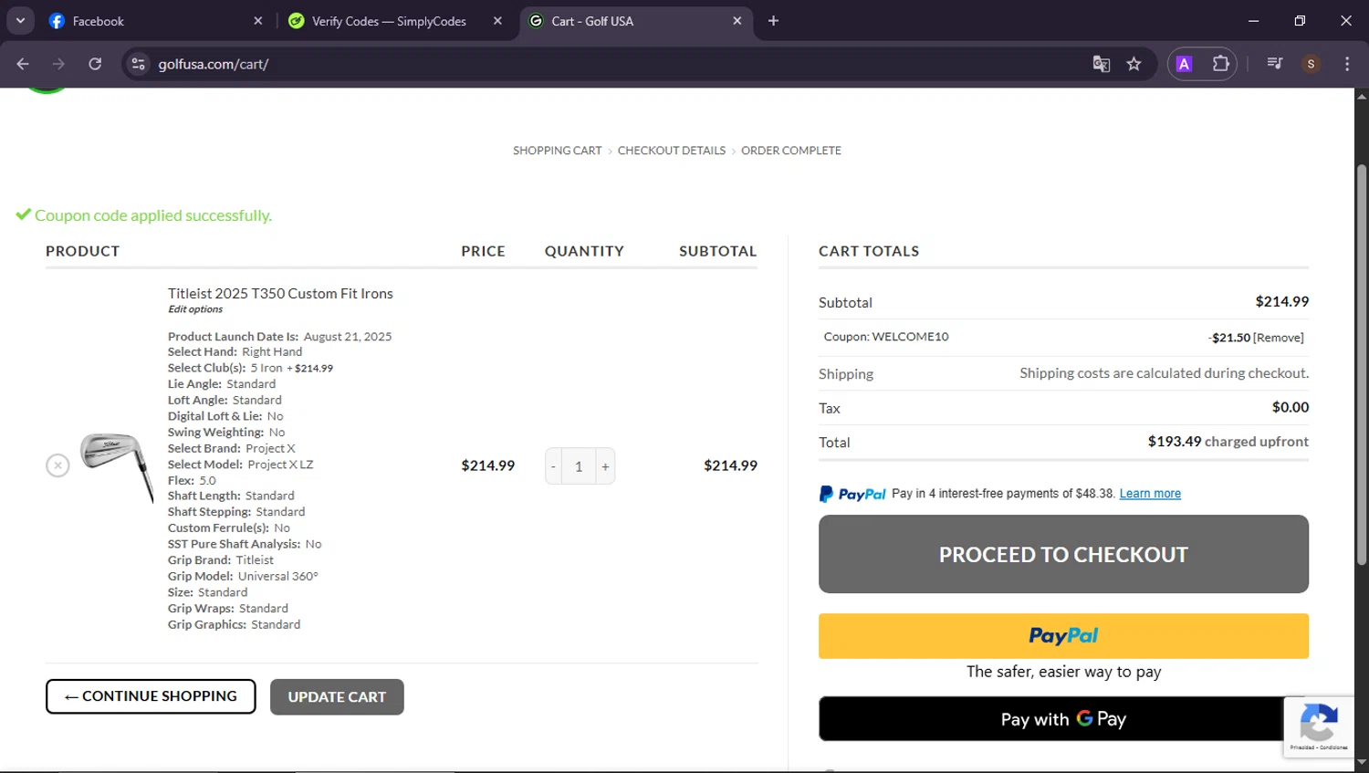 Golf USA checkout page showing Golf USA coupon code box | Screenshot taken by SimplyCodes community member on Aug 5, 2025