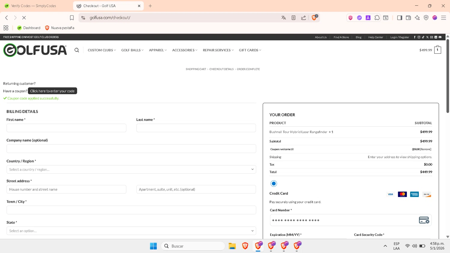 Golf USA checkout page showing Golf USA coupon code box | Screenshot taken by SimplyCodes community member on Jan 5, 2026