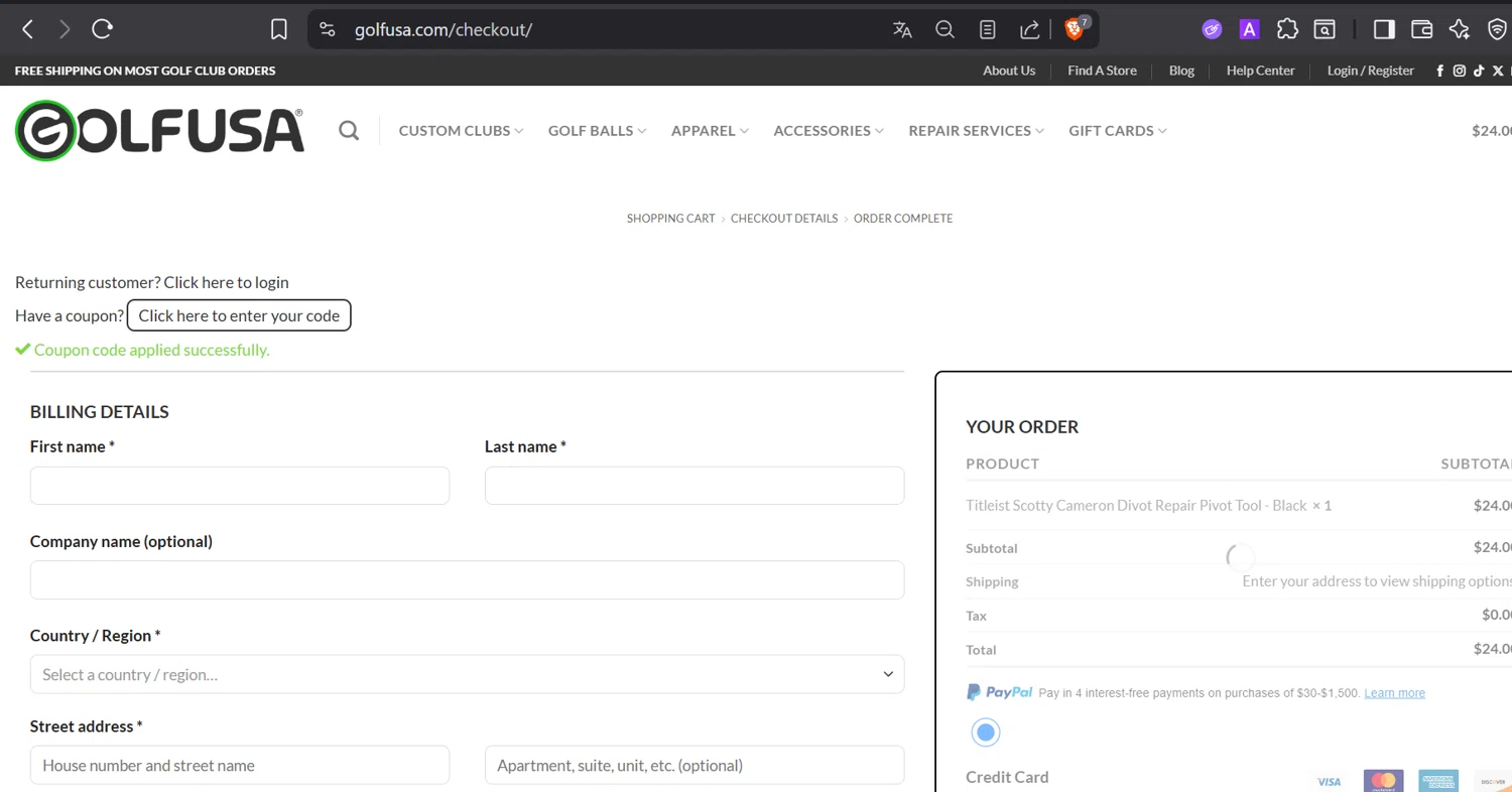 Golf USA checkout page showing Golf USA coupon code box | Screenshot taken by SimplyCodes community member on Jul 8, 2025