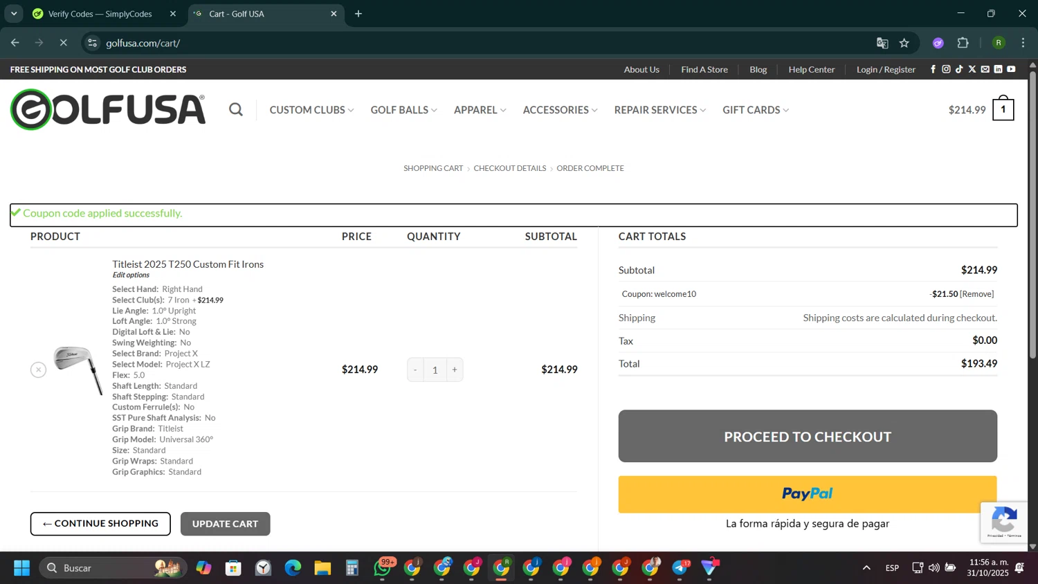 Golf USA coupon code screenshot showing code Welcome10 applied at Golf USA checkout page. Uploaded by SimplyCodes community member ValiantCaptain1358 on Oct 31, 2025
