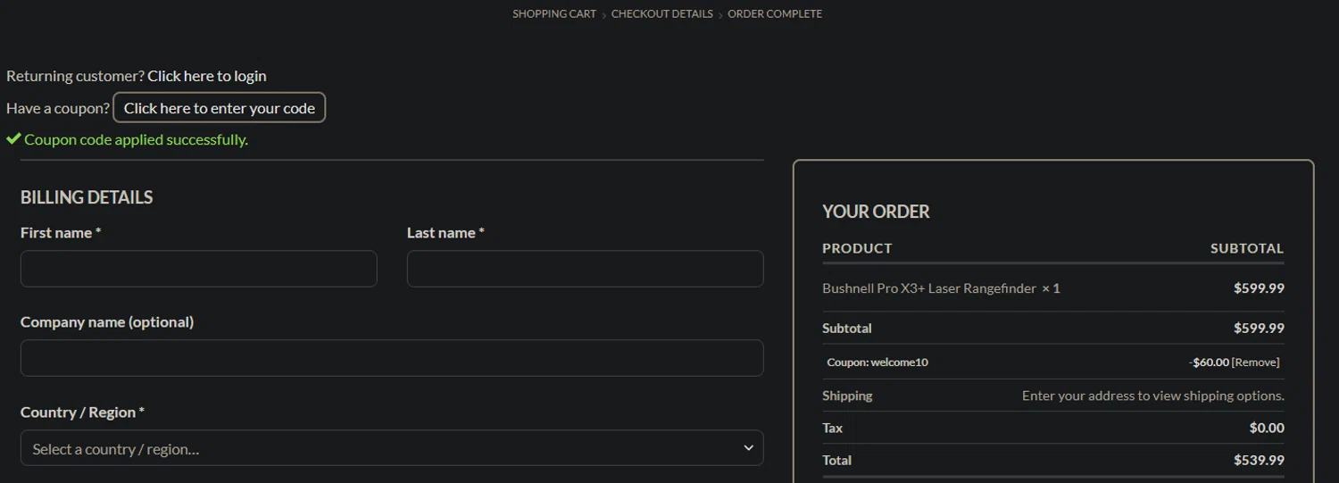 Golf USA coupon code screenshot showing code Welcome10 applied at Golf USA checkout page. Uploaded by SimplyCodes community member xocelot44x on Nov 30, 2025