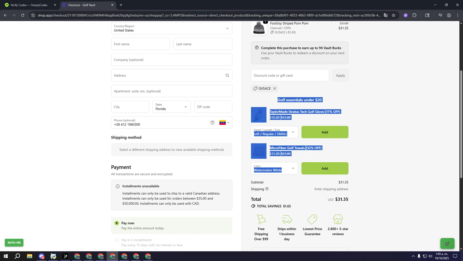 Golf Vault promo code screenshot showing code GV5ACE applied at Golf Vault checkout page. Uploaded by SimplyCodes community member lllllllllllllll on Oct 19, 2025