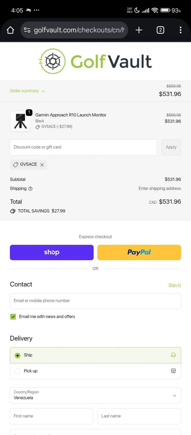 Golf Vault promo code screenshot showing code GV5ACE applied at Golf Vault checkout page. Uploaded by SimplyCodes community member Jutdcv on Nov 20, 2025