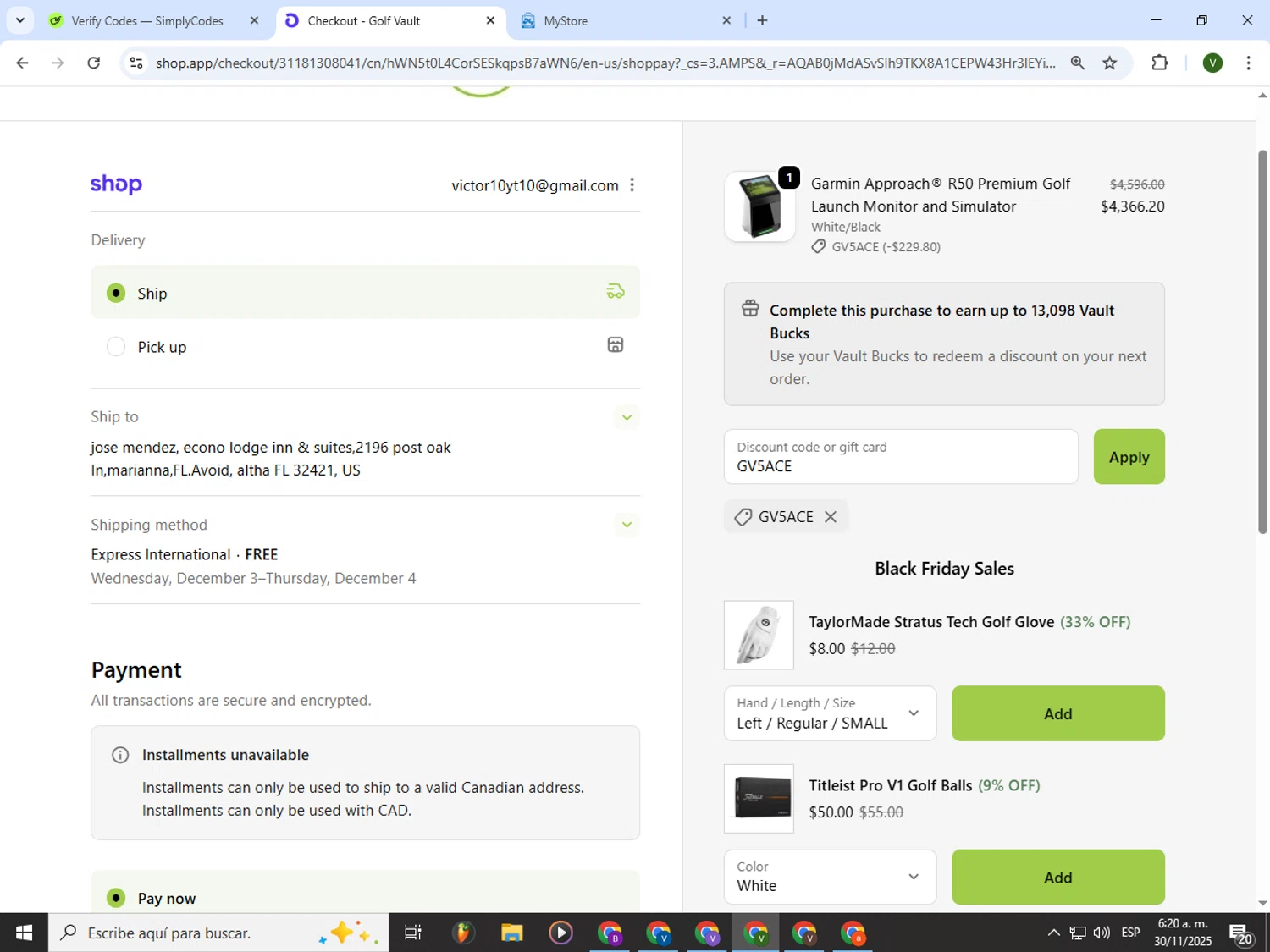 Golf Vault promo code screenshot showing code GV5ACE applied at Golf Vault checkout page. Uploaded by SimplyCodes community member PrimeWizard4168 on Nov 30, 2025