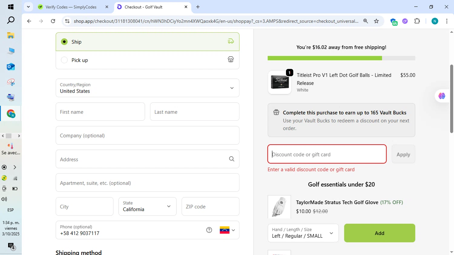 Golf Vault promo code screenshot showing code GV10SHANK applied at Golf Vault checkout page. Uploaded by SimplyCodes community member FortunateEagle7007 on Oct 3, 2025