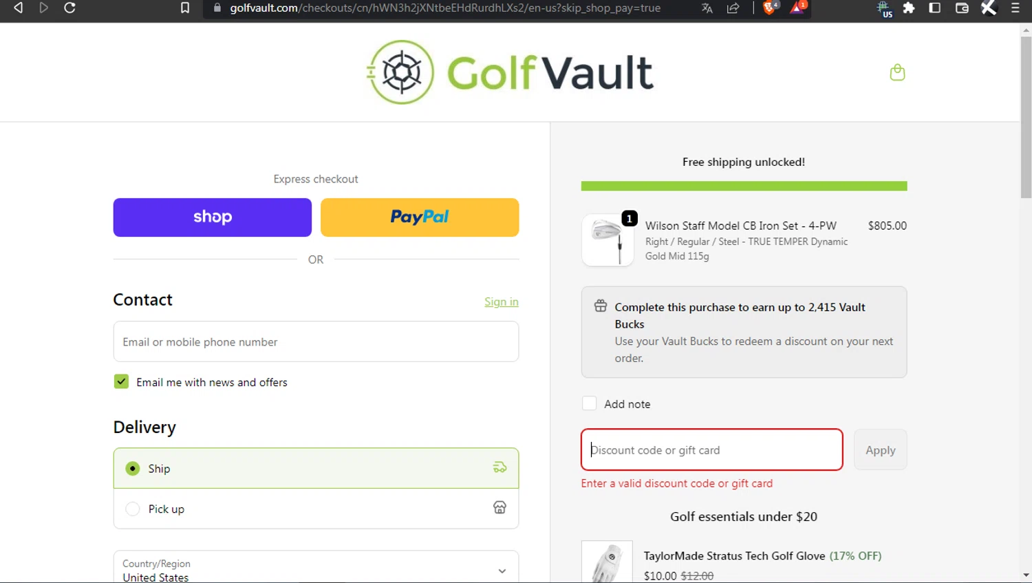 Golf Vault promo code screenshot showing code GV10SHANK applied at Golf Vault checkout page. Uploaded by SimplyCodes community member l2994552451687 on Oct 3, 2025