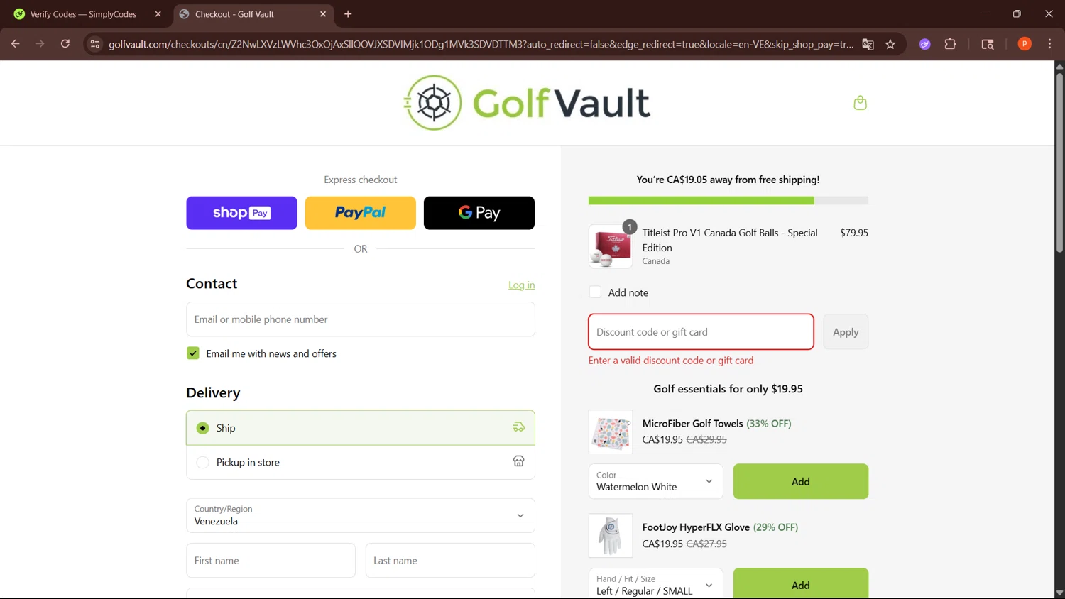 Golf Vault promo code screenshot showing code WELCOMEGV10 applied at Golf Vault checkout page. Uploaded by SimplyCodes community member LegendaryPro3698 on Jun 26, 2025