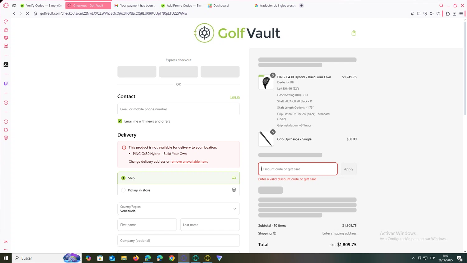 Golf Vault promo code screenshot showing code WELCOMEGV10 applied at Golf Vault checkout page. Uploaded by SimplyCodes community member yanetrod on Jun 26, 2025