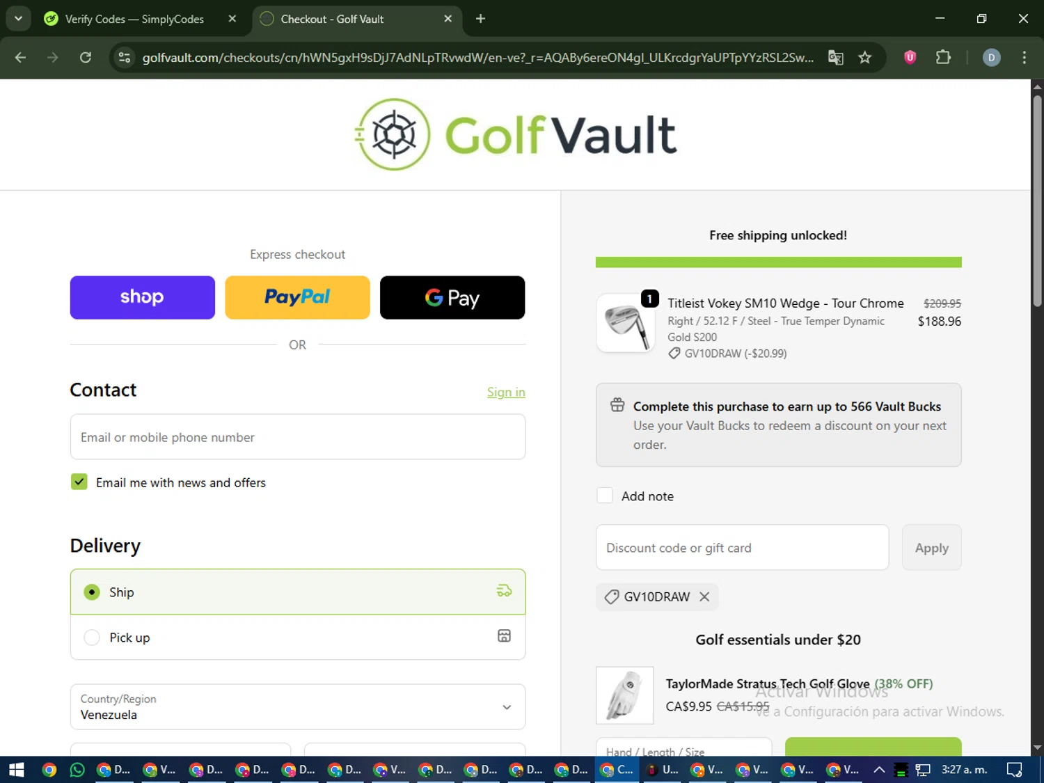 Golf Vault promo code screenshot showing code GV10DRAW applied at Golf Vault checkout page. Uploaded by SimplyCodes community member CleverCurator2558 on Nov 25, 2025