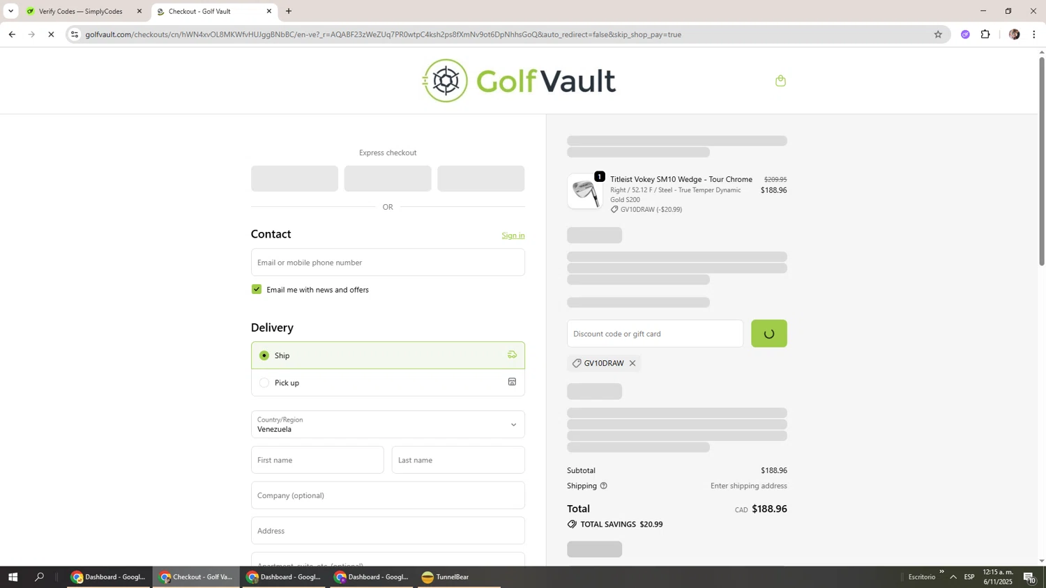 Golf Vault promo code screenshot showing code GV10DRAW applied at Golf Vault checkout page. Uploaded by SimplyCodes community member Levi_Ackerman on Nov 6, 2025