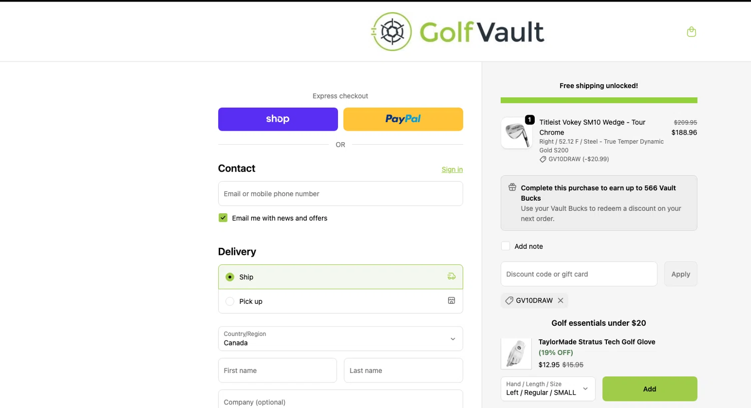 Golf Vault promo code screenshot showing code GV10DRAW applied at Golf Vault checkout page. Uploaded by SimplyCodes community member ELOIN777 on Nov 6, 2025