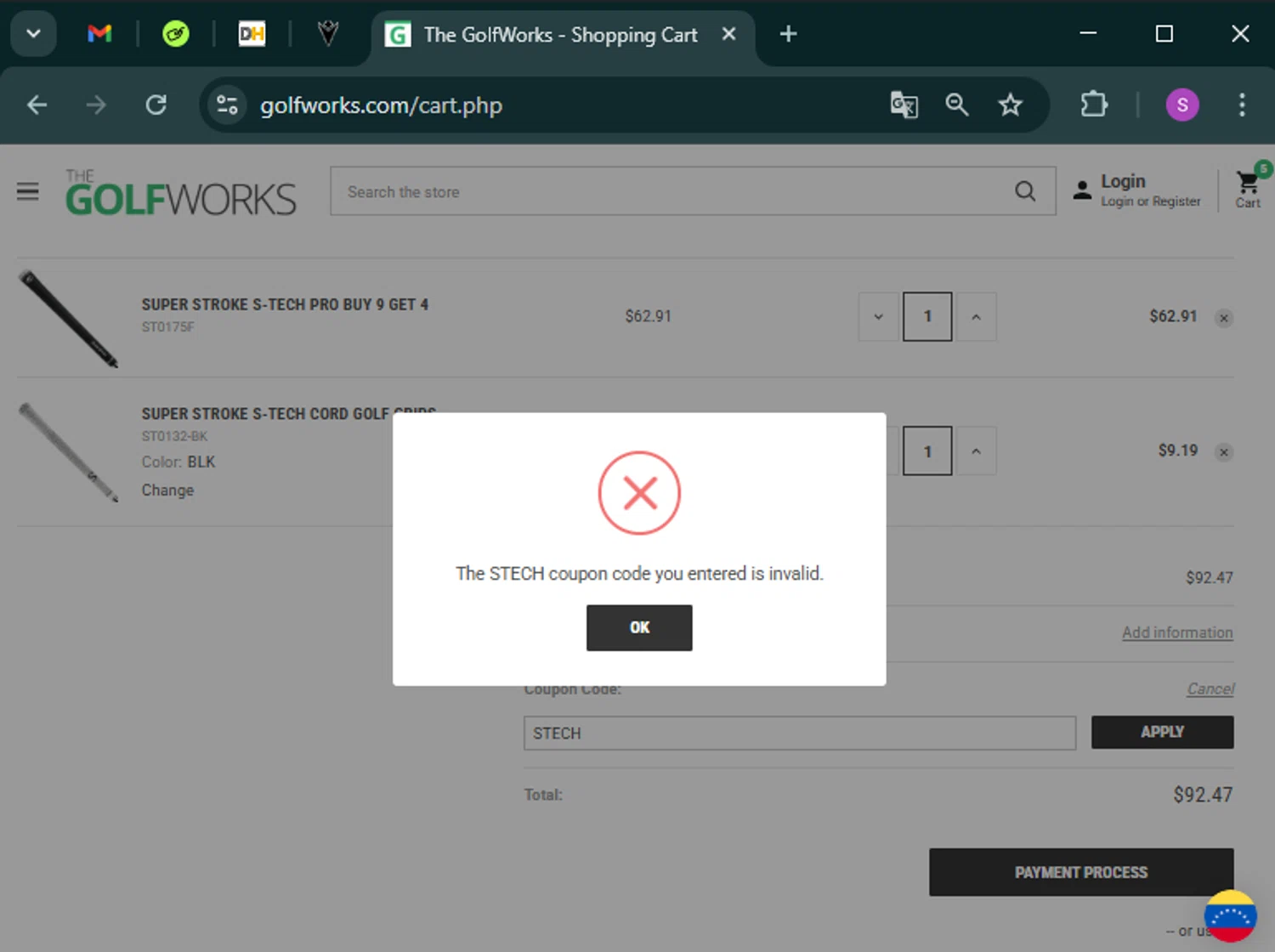 The GolfWorks promo code screenshot showing code STECH applied at The GolfWorks checkout page. Uploaded by SimplyCodes community member tinkle_tinkle on Feb 13, 2025