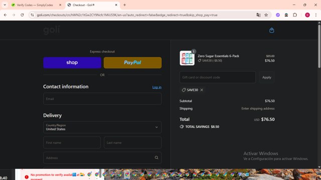 Goli checkout page showing Goli coupon code box | Screenshot taken by SimplyCodes community member on Sep 5, 2025