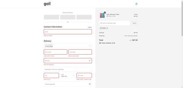 Goli checkout page showing Goli coupon code box | Screenshot taken by SimplyCodes community member on Sep 5, 2025