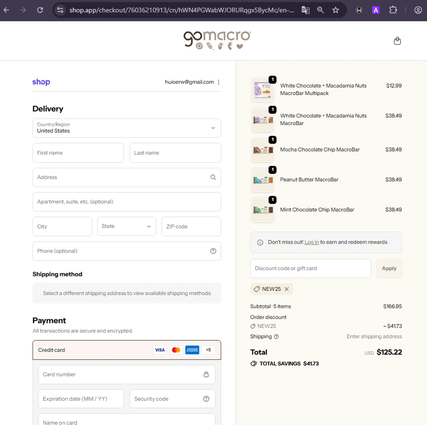 GoMacro promo code screenshot showing code New25 applied at GoMacro checkout page. Uploaded by SimplyCodes community member ivanguere on Oct 22, 2025