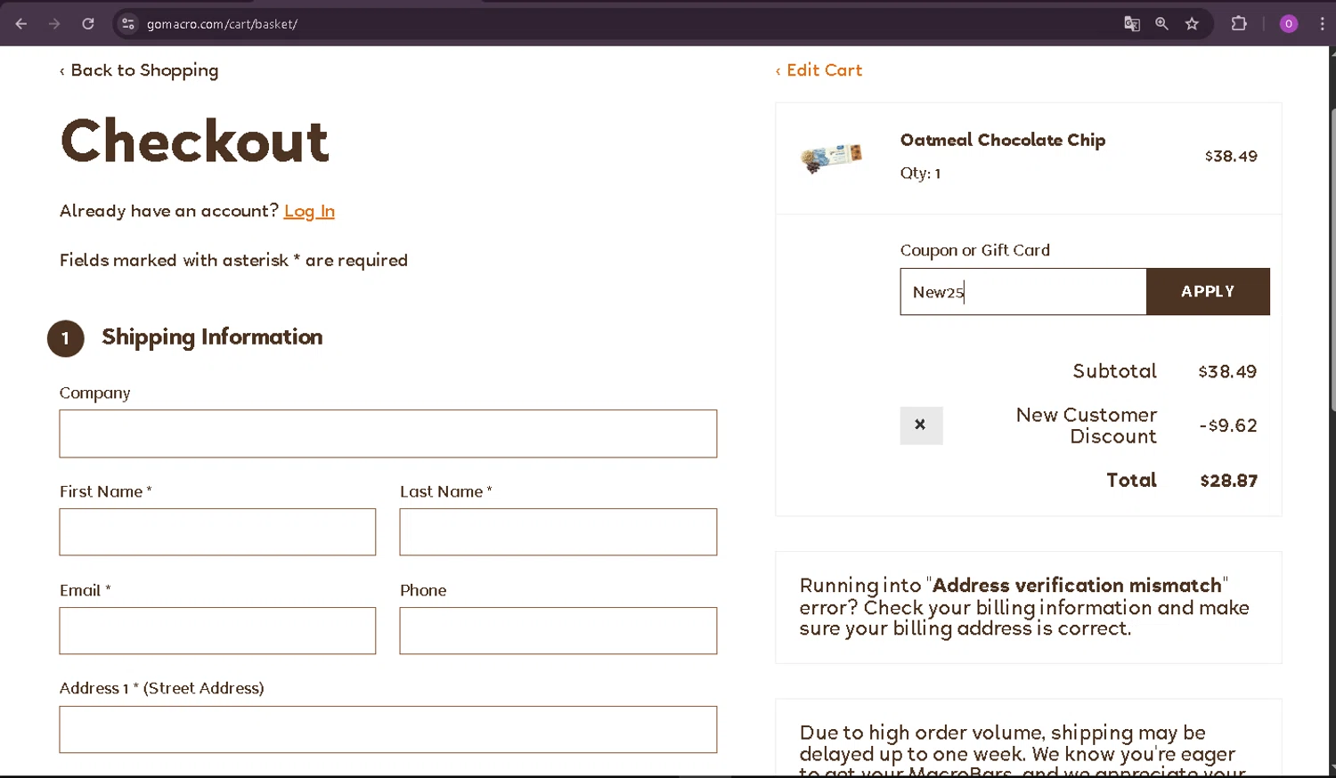 GoMacro promo code screenshot showing code New25 applied at GoMacro checkout page. Uploaded by SimplyCodes community member oder007 on Jun 28, 2025