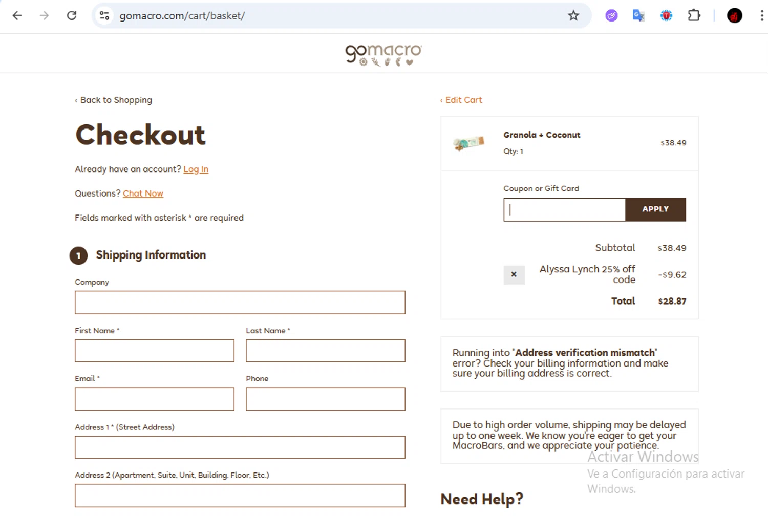 GoMacro promo code screenshot showing code Alyssa25 applied at GoMacro checkout page. Uploaded by SimplyCodes community member Francisco01 on Jul 24, 2025