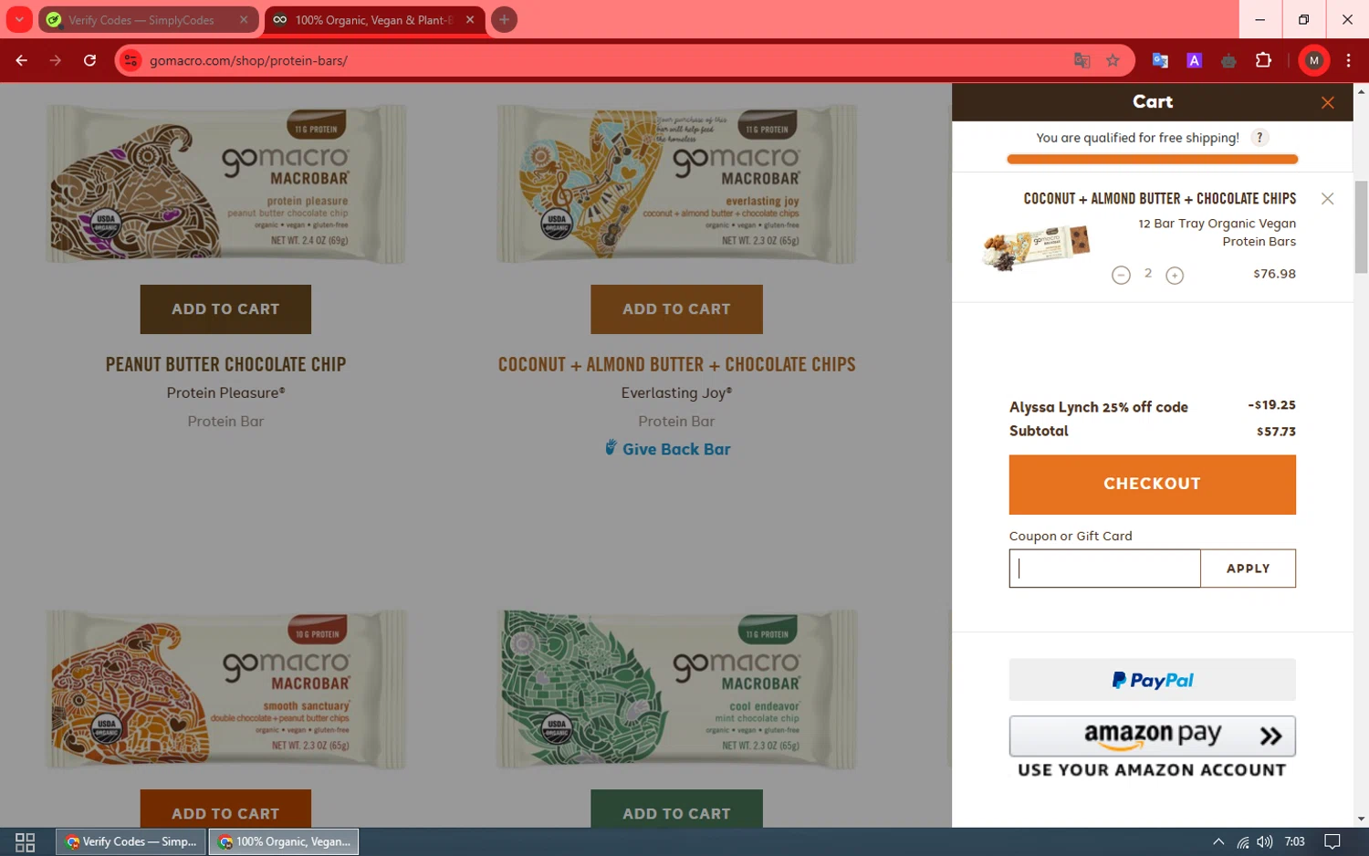 GoMacro promo code screenshot showing code Alyssa25 applied at GoMacro checkout page. Uploaded by SimplyCodes community member SavingsShopper829 on Jan 5, 2025