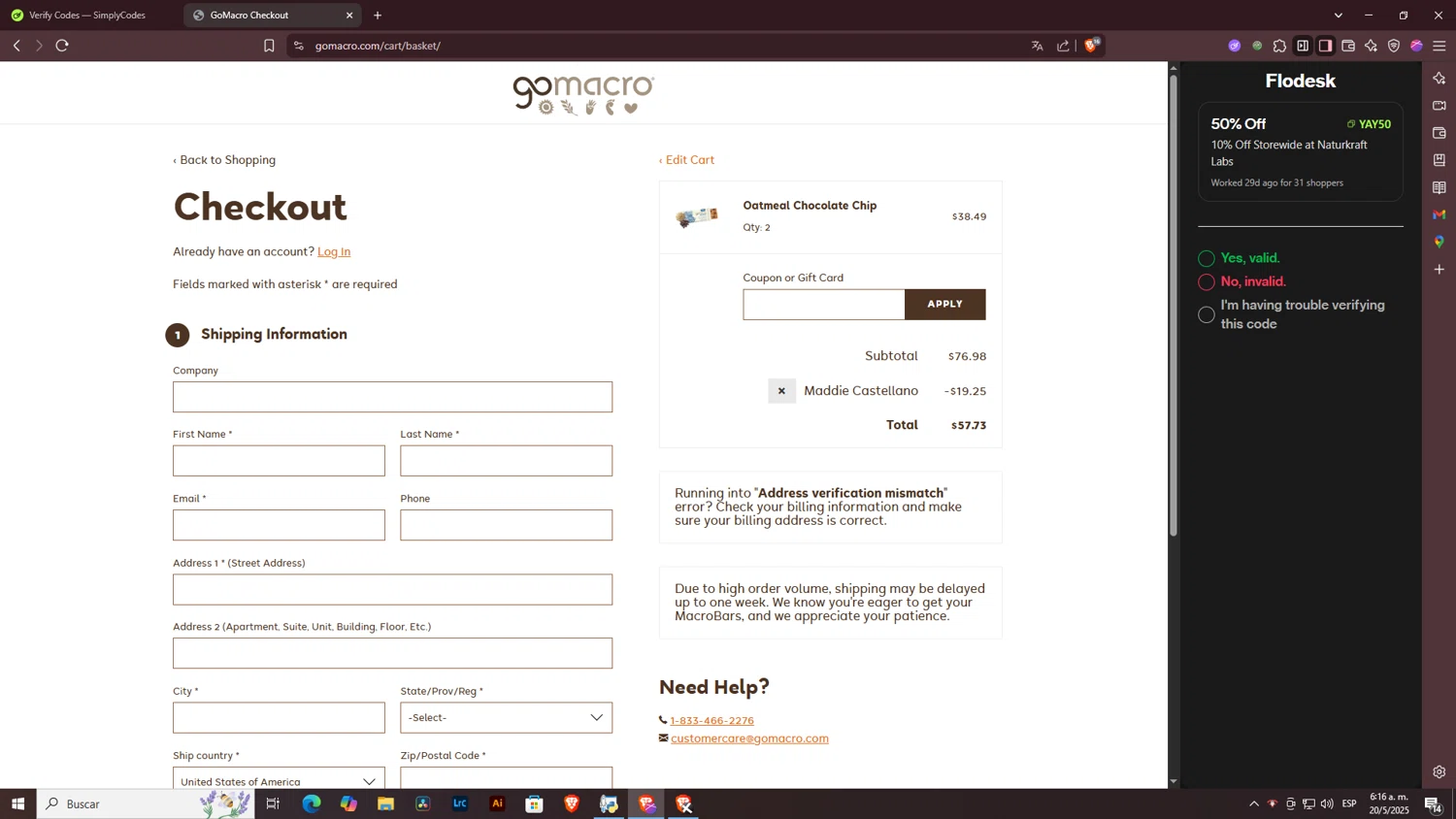 GoMacro promo code screenshot showing code MADDIE25 applied at GoMacro checkout page. Uploaded by SimplyCodes community member ArtPOPO on May 20, 2025