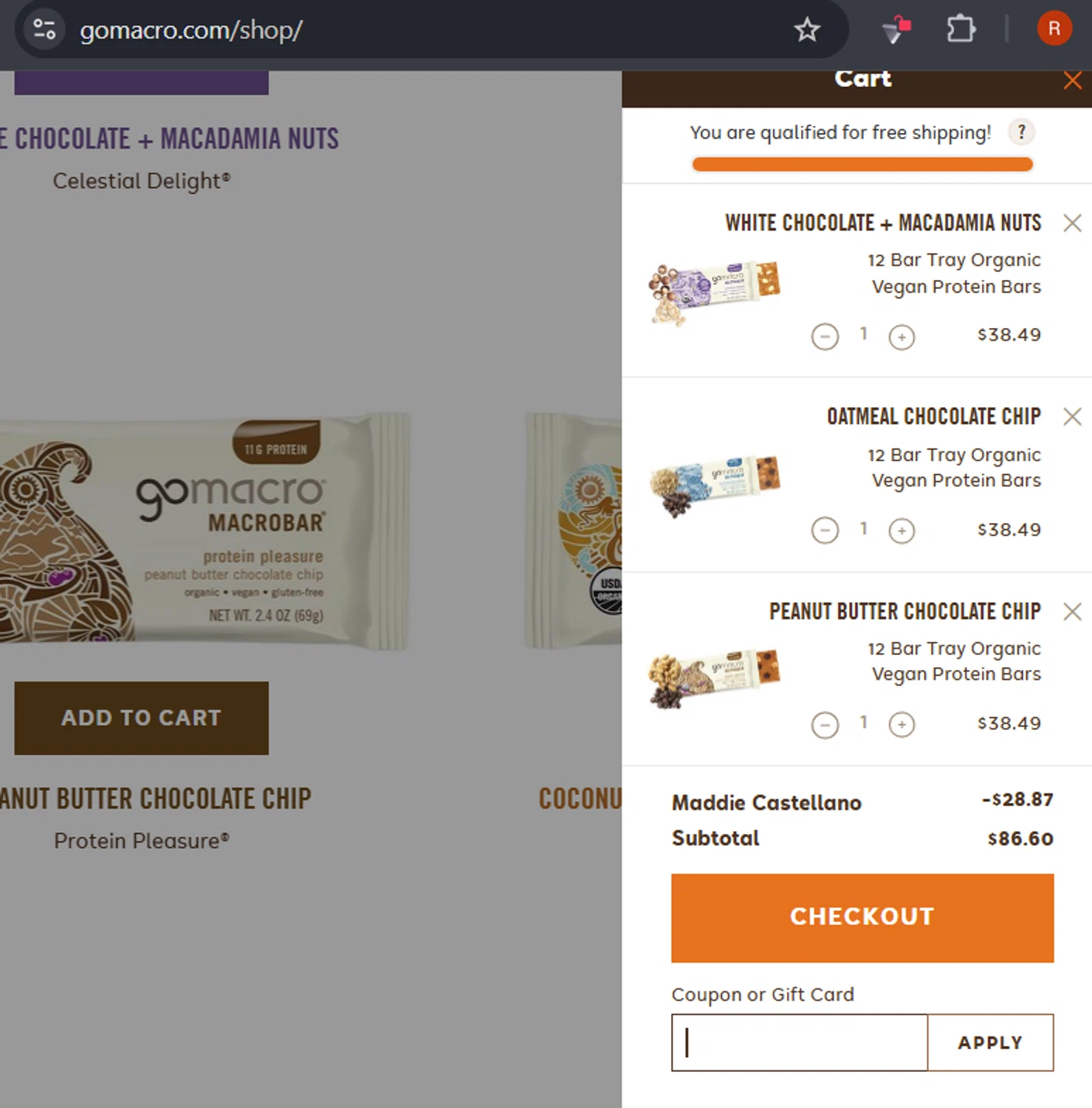 GoMacro promo code screenshot showing code MADDIE25 applied at GoMacro checkout page. Uploaded by SimplyCodes community member RafaLB on Apr 21, 2025