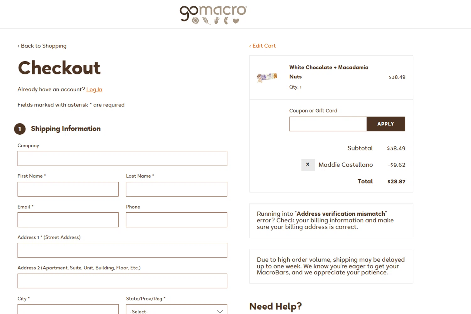 GoMacro promo code screenshot showing code MADDIE25 applied at GoMacro checkout page. Uploaded by SimplyCodes community member perrasimplera on Jul 17, 2025
