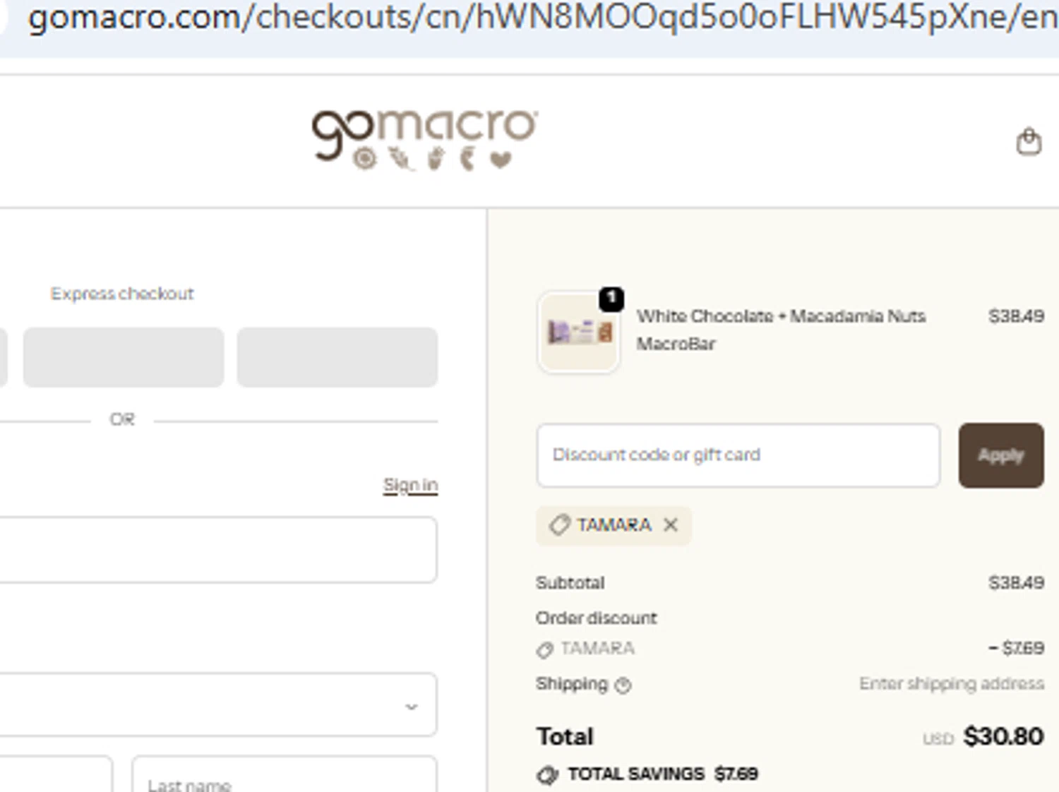 GoMacro checkout page showing GoMacro promo code box | Screenshot taken by SimplyCodes community member on Feb 3, 2026