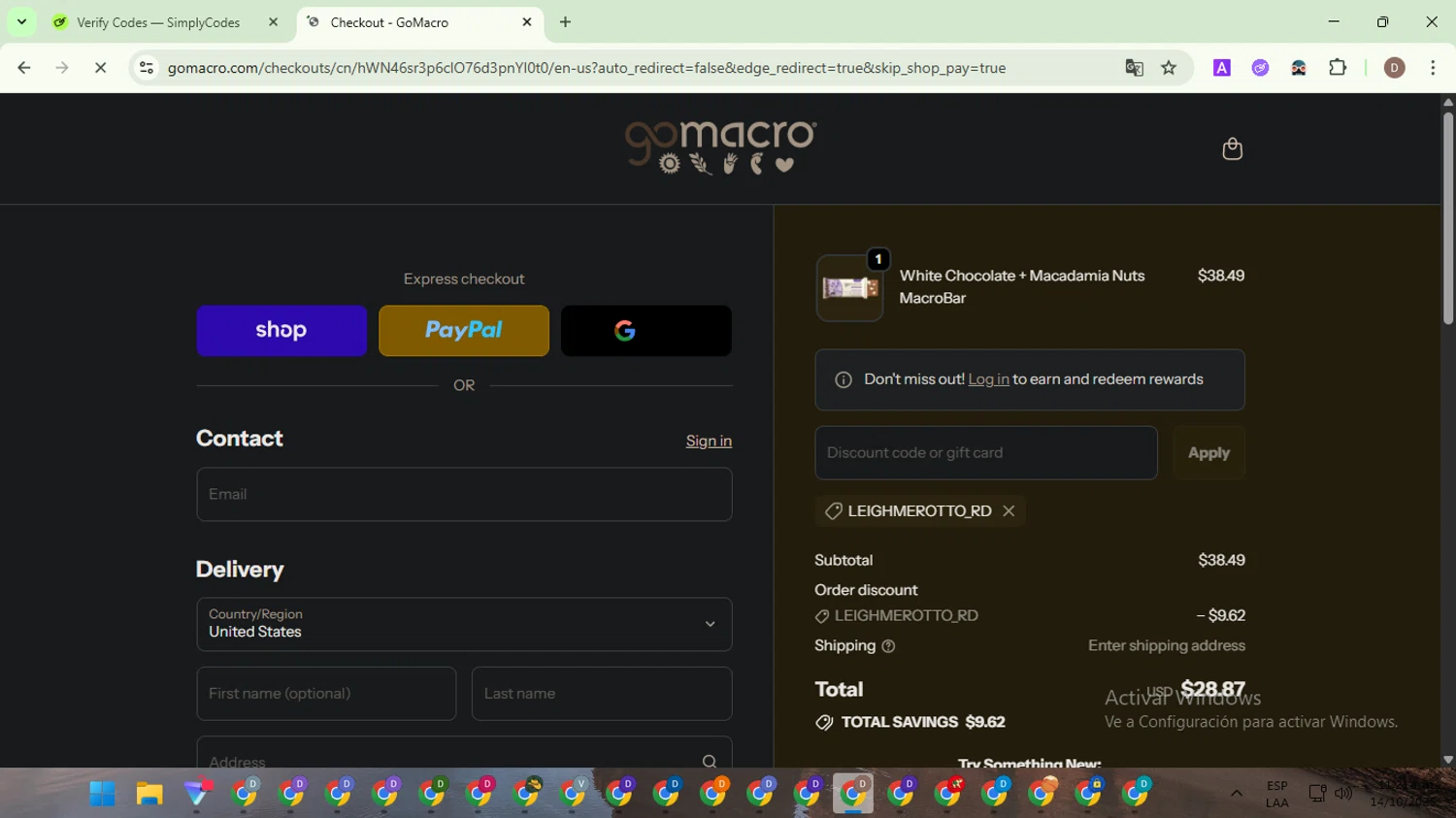 GoMacro promo code screenshot showing code LEIGHMEROTTO_RD applied at GoMacro checkout page. Uploaded by SimplyCodes community member NobleWarden6764 on Oct 14, 2025